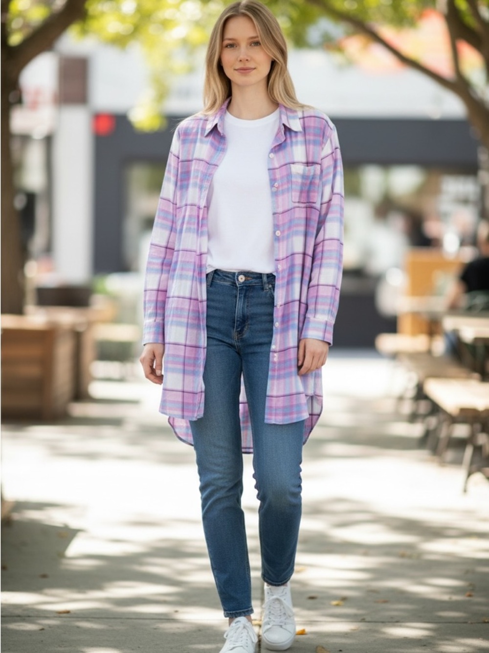 Gilligan & O'Malley Lavender Plaid Long Sleeve Shirt Dress